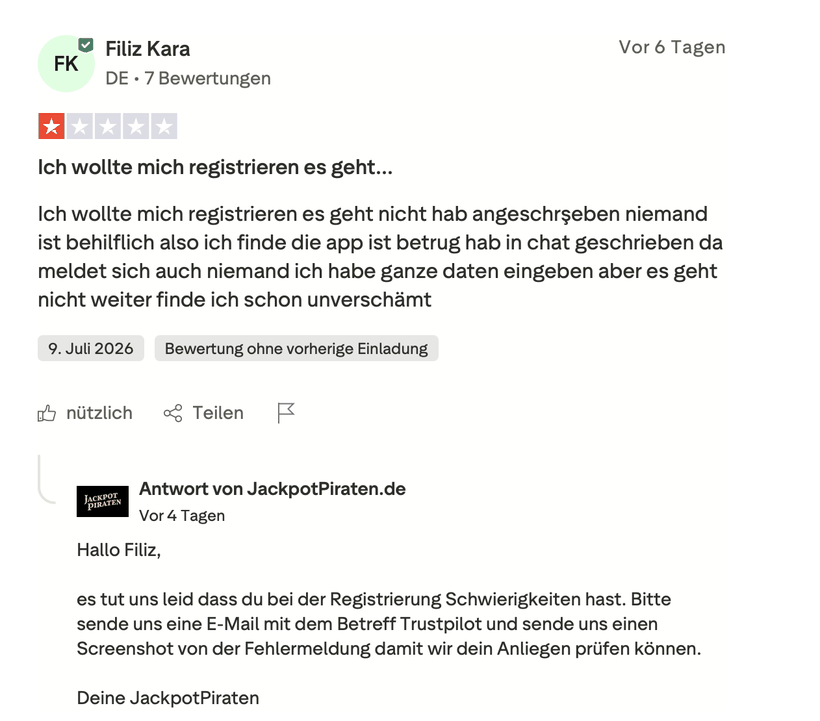 Ein-Stern-Bewertung einer Spielerin aus Deutschland zu einer abgebrochenen Registrierung bei JackpotPiraten