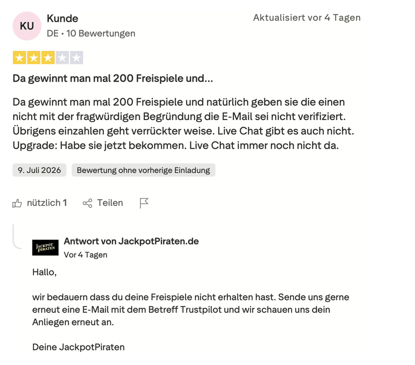 Drei-Sterne-Bewertung eines Spielers aus Deutschland zu verzögerter Gutschrift von 200 Freispielen wegen fehlender E-Mail-Verifizierung bei JackpotPiraten