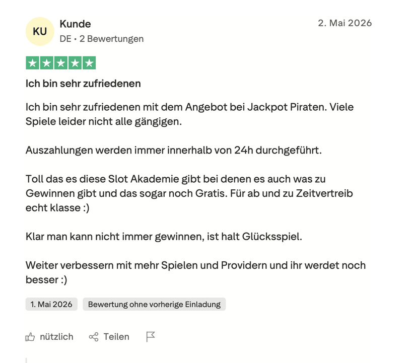 Fünf-Sterne-Bewertung eines Spielers aus Deutschland zu Auszahlungen innerhalb von 24 Stunden und der kostenlosen Slot Akademie bei JackpotPiraten