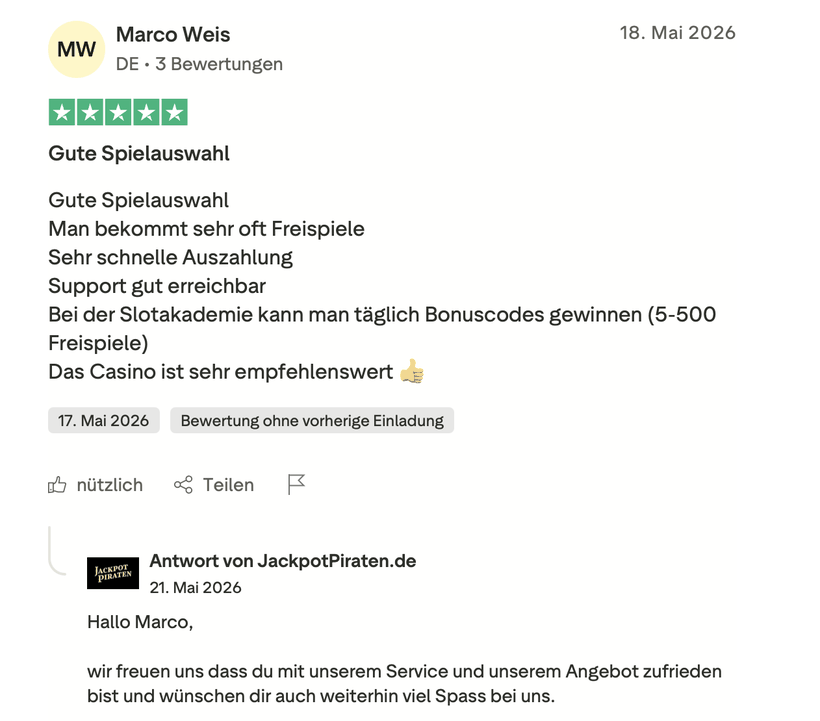 Fünf-Sterne-Bewertung eines Spielers aus Deutschland zu häufigen Freispielen, schneller Auszahlung und Bonuscodes der Slot Akademie bei JackpotPiraten