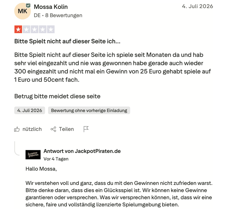 Ein-Stern-Bewertung eines Spielers aus Deutschland über anhaltende Verluste trotz hoher Einzahlungen bei JackpotPiraten