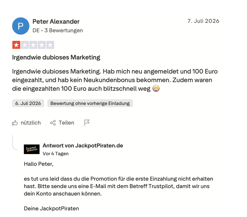Ein-Stern-Bewertung eines Spielers aus Deutschland, der nach 100 Euro Einzahlung keinen Neukundenbonus bei JackpotPiraten erhalten hat