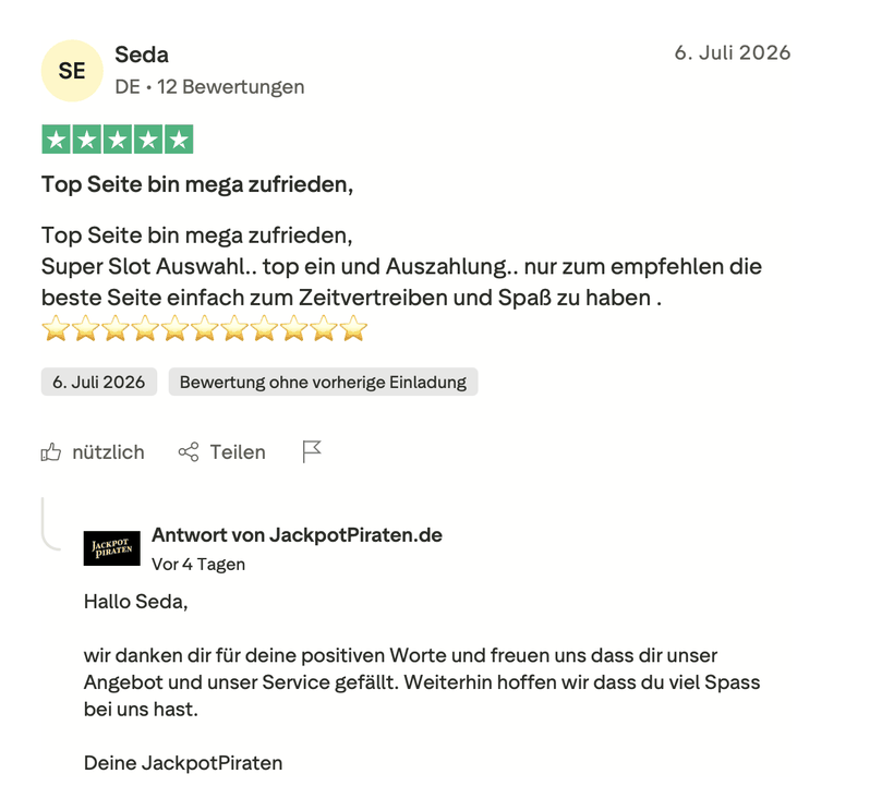 Fünf-Sterne-Bewertung einer Spielerin aus Deutschland zu Slot-Auswahl und schnellen Ein- und Auszahlungen bei JackpotPiraten