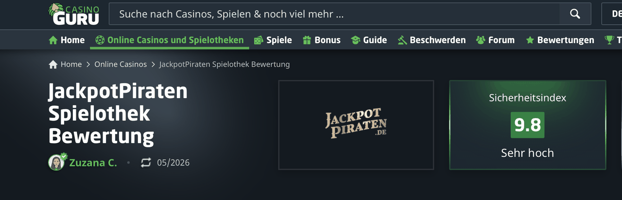 Casino Guru Bewertung der JackpotPiraten Spielothek mit Sicherheitsindex 9,8 und der Einstufung Sehr hoch