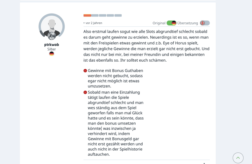 Negative Casino-Guru-Bewertung eines Spielers aus Deutschland, dessen Gewinne aus Bonusguthaben bei JackpotPiraten nicht gebucht wurden