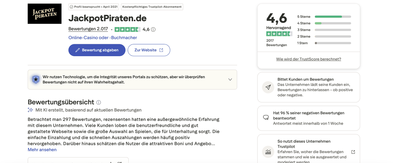 Trustpilot-Profil von JackpotPiraten.de mit TrustScore 4,6 aus 2.017 Bewertungen und der Einstufung Hervorragend