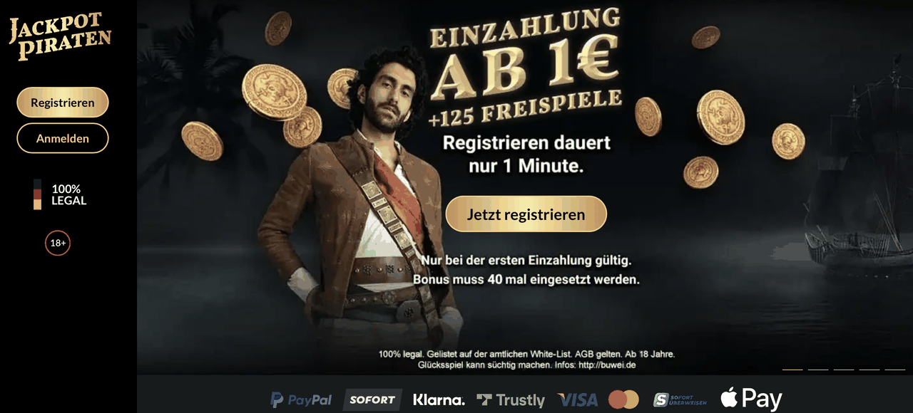 Das Willkommenspaket der JackpotPiraten Willkommensbonus bei JackpotPiraten: 100 Prozent bis 100 Euro und 125 Freispiele ab 1 Euro Einzahlung