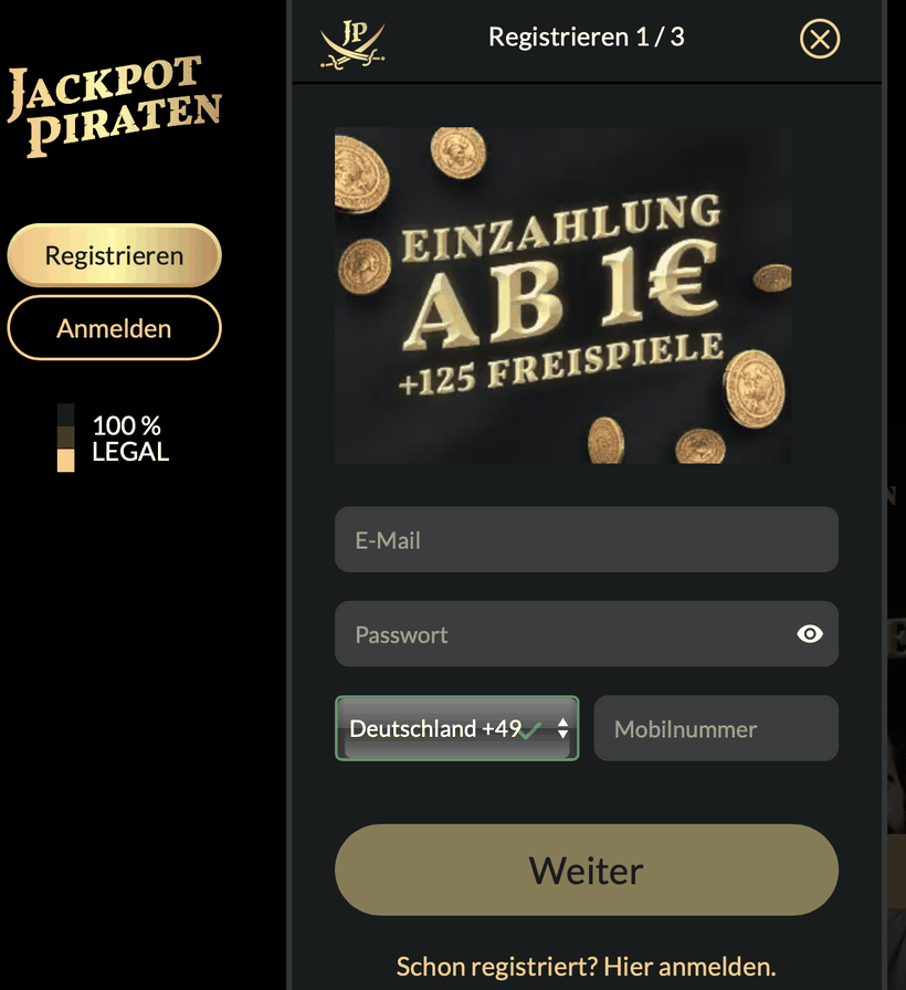 Der Registrierungsdialog von JackpotPiraten mit Wechsel zum Login Registrierungs- und Login-Dialog der JackpotPiraten Spielothek mit Feldern für E-Mail, Passwort und Mobilnummer