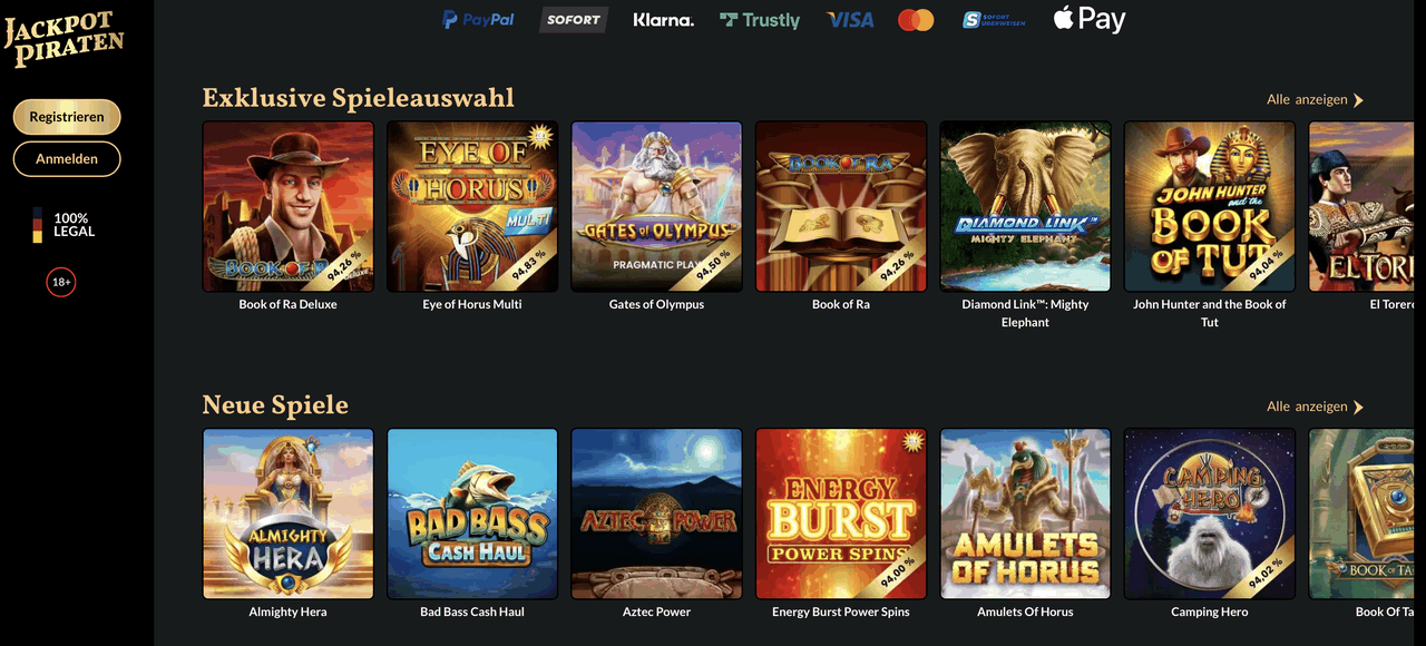 Slot-Lobby der JackpotPiraten Spielothek Spieleauswahl bei JackpotPiraten mit RTP-Angaben auf den Slot-Kacheln